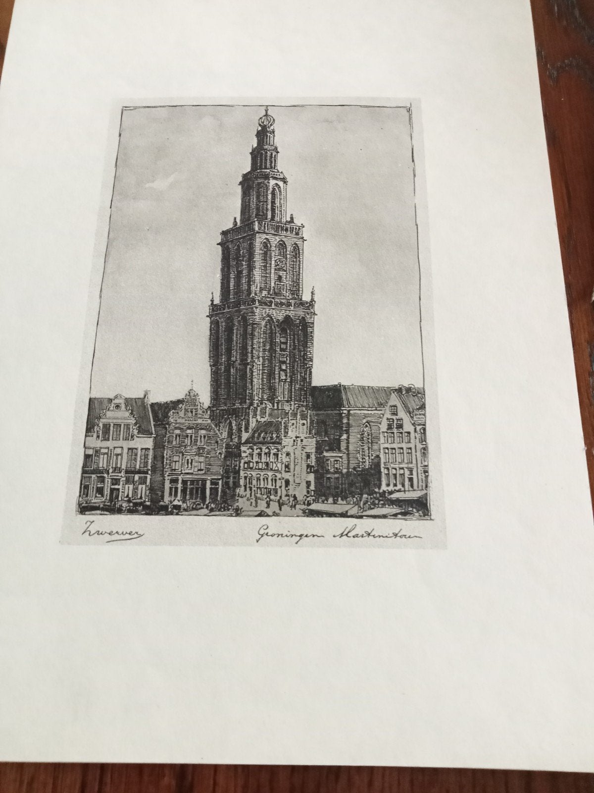 Ets Martinitoren Groningen - Zwerver, Ophalen, Ets, Stadsgezicht, Gesigneerd