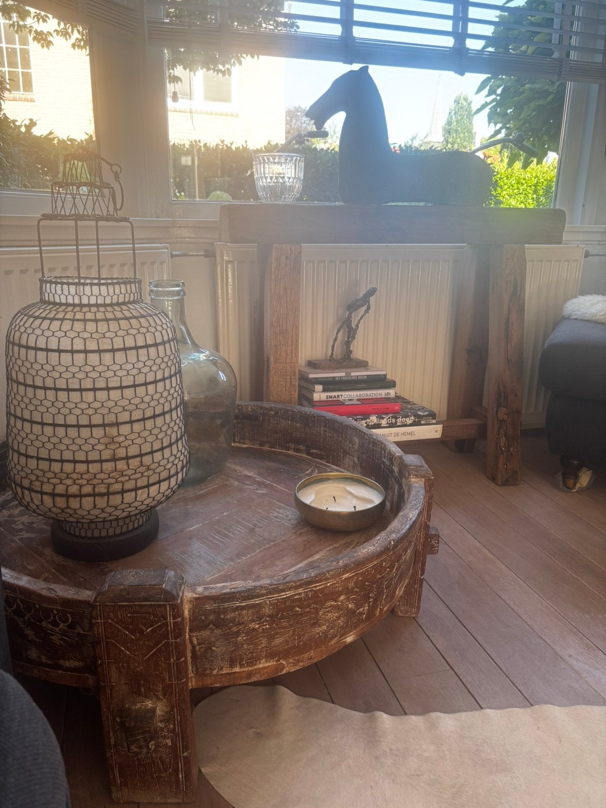 Authentieke oude chakki tafel india 90 cm, Ophalen, Gebruikt, Rond, Hout