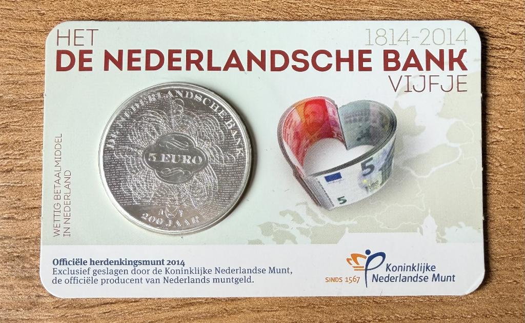 De Nederlandsche Bank Vijfje 2014 – €5 herdenkingsmunt, Ophalen of Verzenden, Koningin Beatrix, Euro's, Losse munt