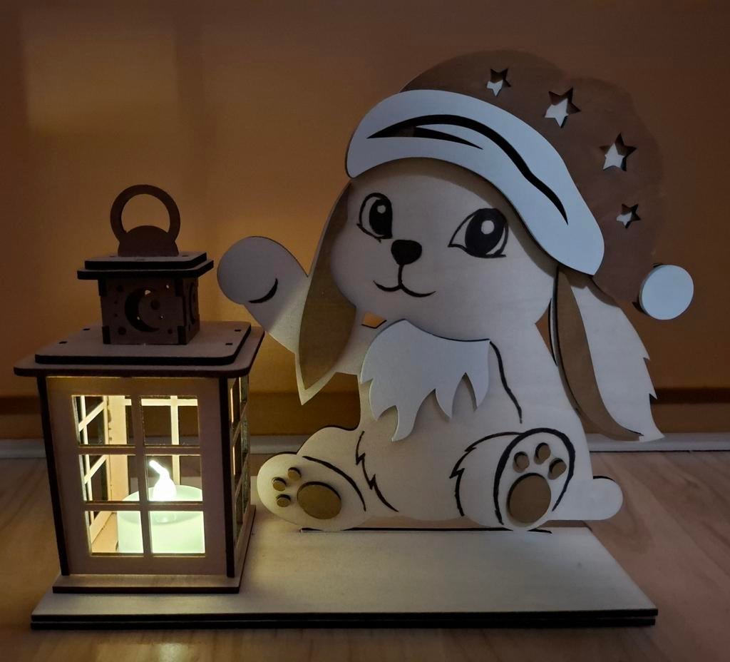 Schattig houten Nachtlampje konijn, waxinlichtje met timer, Ophalen of Verzenden, Nieuw, Kraamcadeau