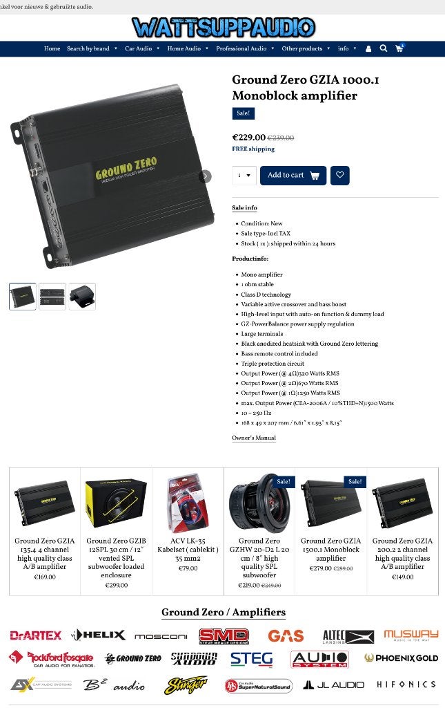 Ground Zero GZIA 1000.1 Monoblok versterker 1250WRMS, Erlenweg 25, 85658 Egmating, Germany, Nieuw, https://www.ground-zero-audio.com/en/support-en/contact-page/