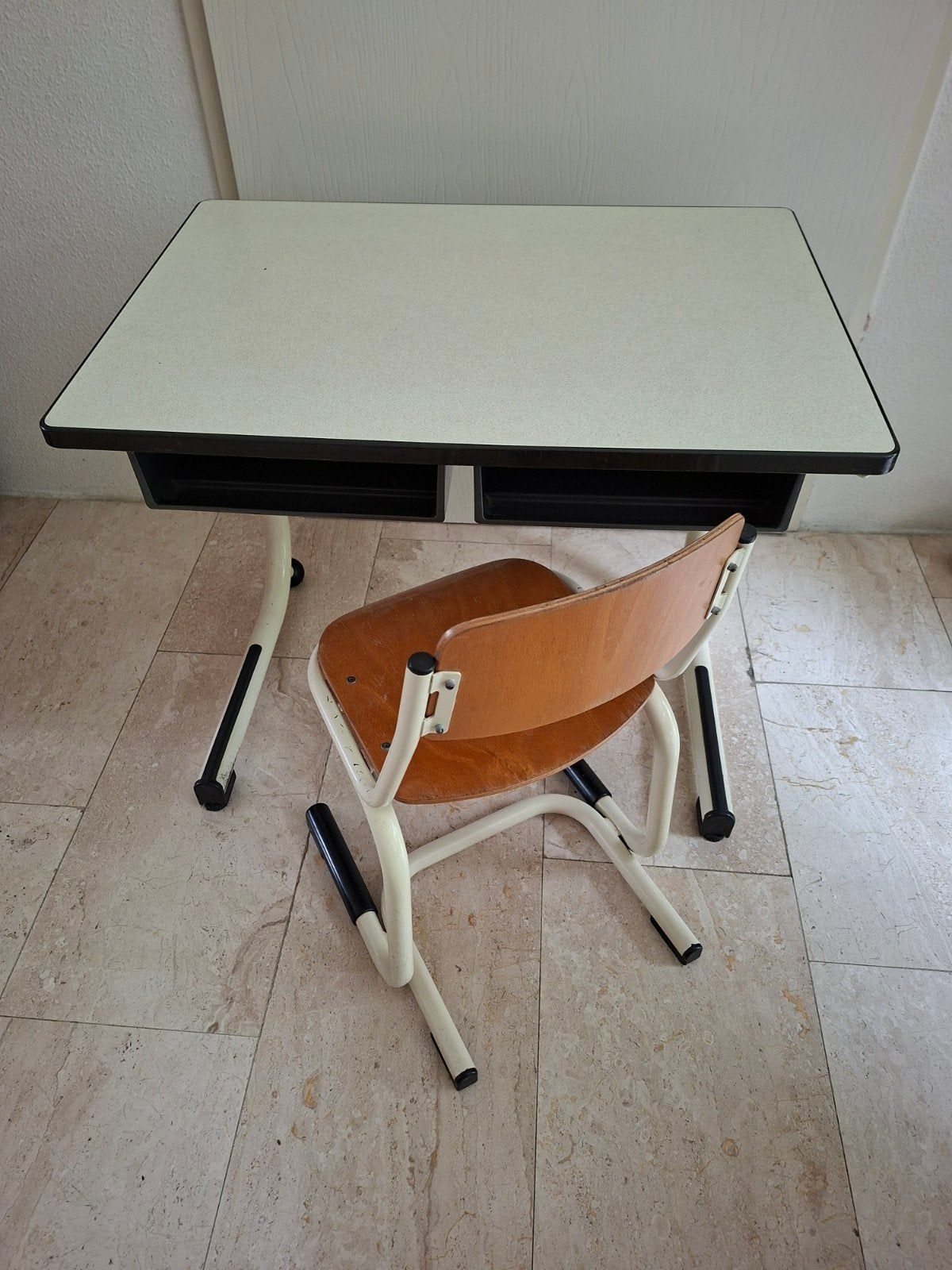 Vintage schooltafel met 2 laatjes en bijpassende stoel, Ophalen, Gebruikt, Tafel(s) en Stoel(en)