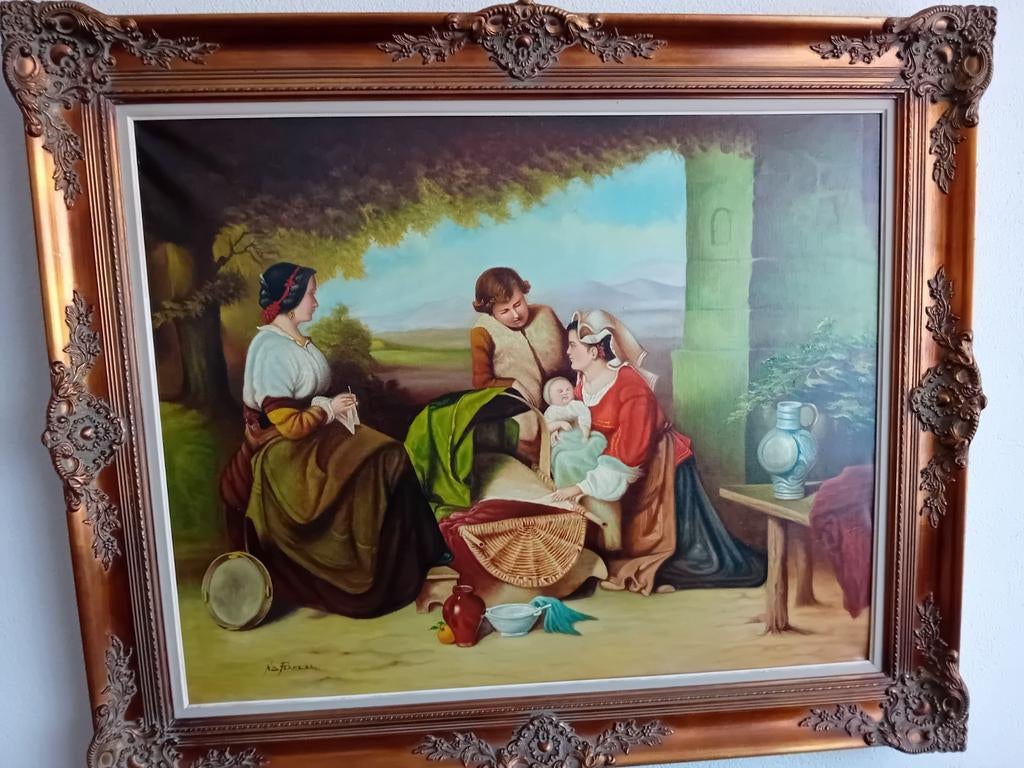 Mooi schilderij van huiselijk tafreel, Ophalen of Verzenden