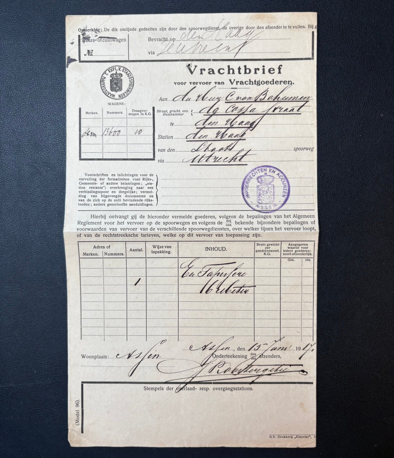 Vrachtbrief SS tapijten van Assen naar Den Haag (1917), Ophalen of Verzenden, Gebruikt, Trein, Overige typen