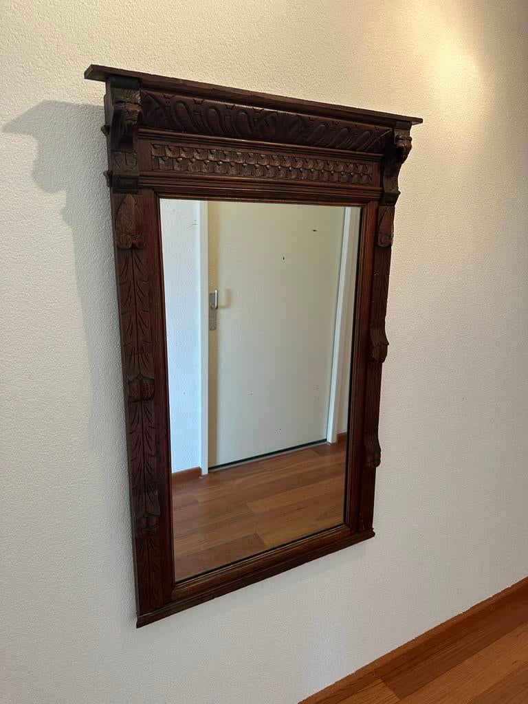 Antieke vintage Spiegel met Houtsnijwerk en Leeuwenkoppen, Ophalen, Rechthoekig, 50 tot 100 cm, 100 tot 150 cm