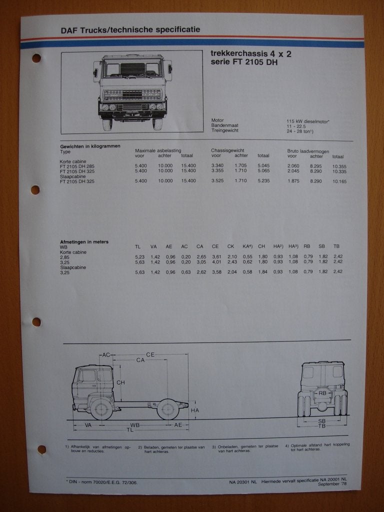 DAF FT 2100 DH Technische Specificatie folder 1978 – 4x2, Ophalen of Verzenden, Zo goed als nieuw, Overige merken, DAF