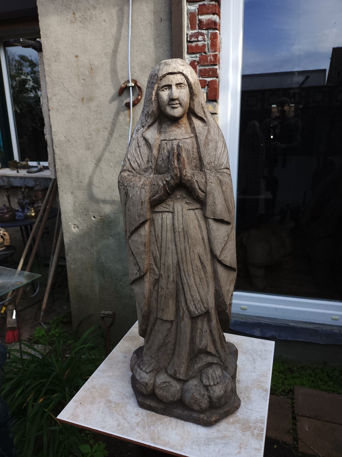 Maria 72 cm Oud houten beeld van Maria, handgesneden, Antiek en Kunst, Handgemaakt, Beeld, Hout, Bruin