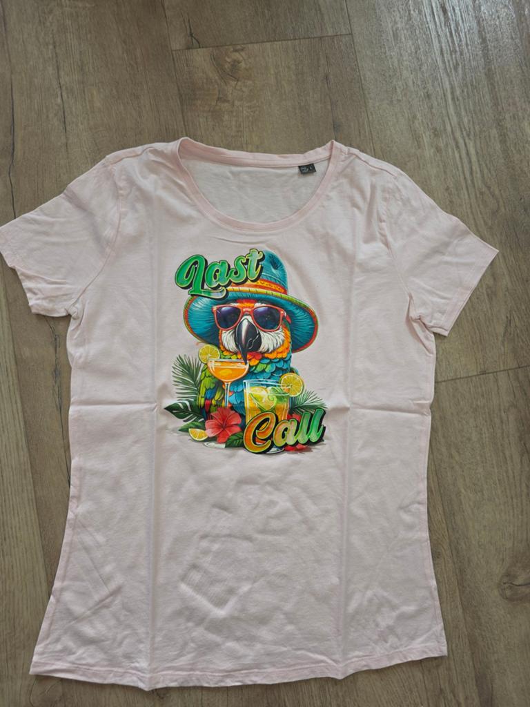 Roze T-shirt met papegaai print - 'Last Call', Maat 42/44 (L), Ophalen of Verzenden, Korte mouw, Roze