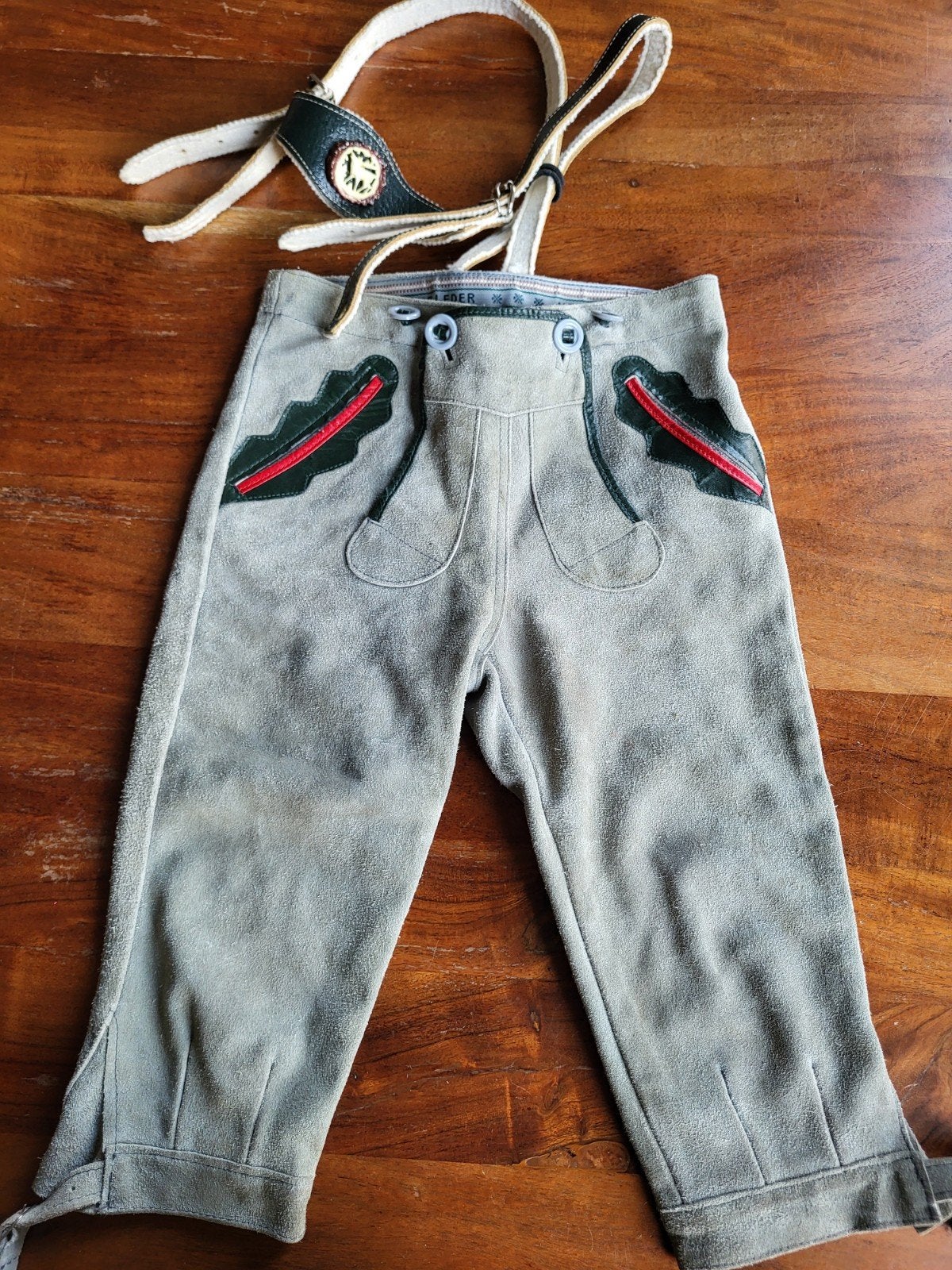Echte Lederen Kinder Lederhose Maat 128 Grijs/Groen, Broek, Gebruikt, Jongen of Meisje, Ophalen of Verzenden