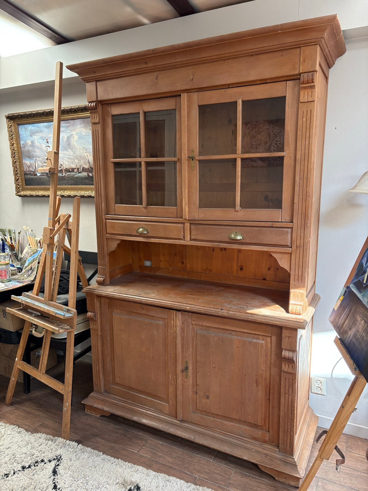 Antieke grenen buffetkast met vitrine en lades, Antiek en Kunst, Antiek | Meubels | Kasten, Ophalen