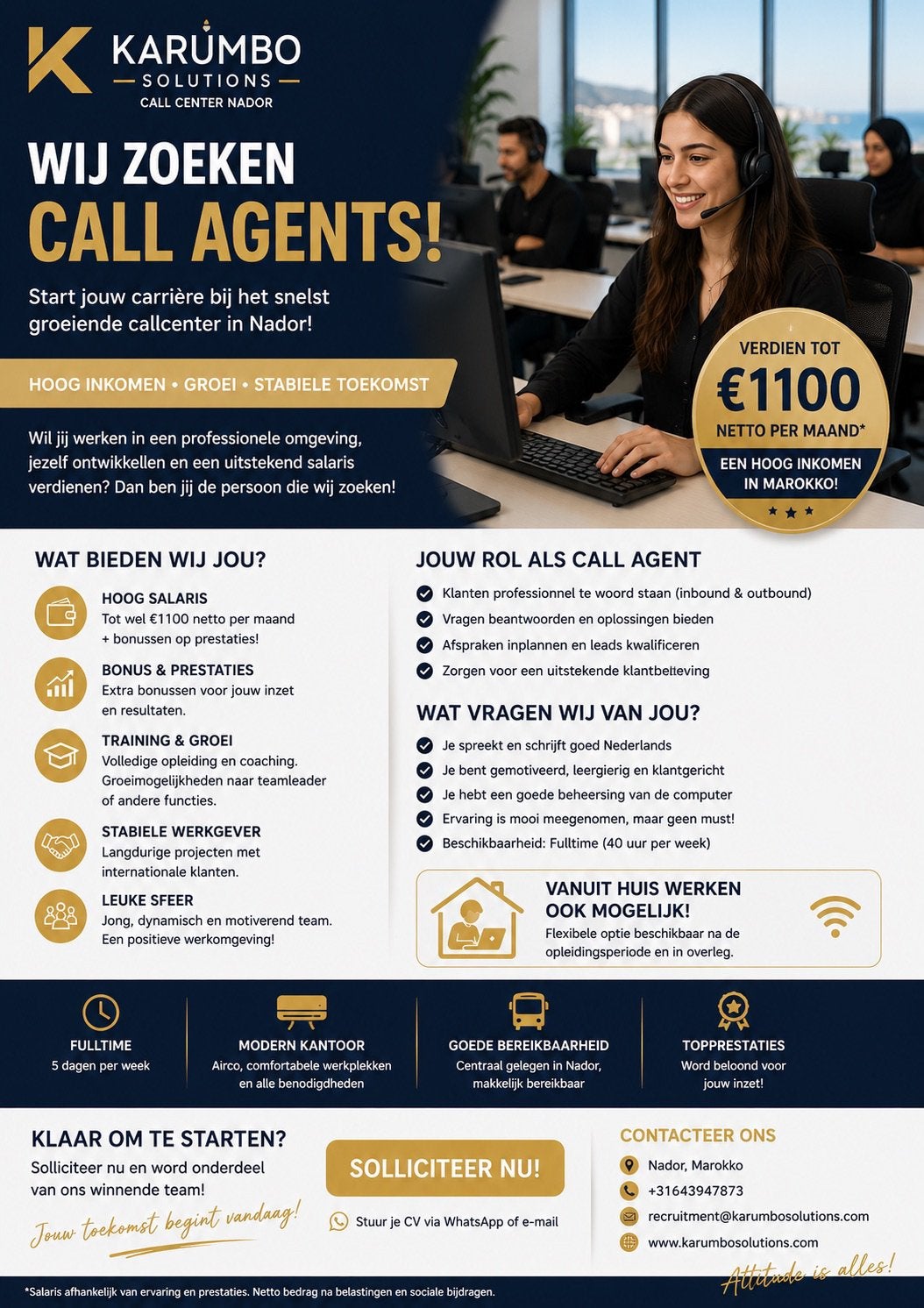 VACATURE: CALLAGENT (NEDERLANDSTALIG) – NADOR, 33 - 40 uur, Overige niveaus, Starter