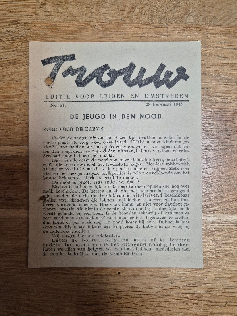 Wo2 Trouw Illegale pers editie Leiden 28 februari, 1945, Ophalen of Verzenden, Overige soorten, Nederland, Boek of Tijdschrift