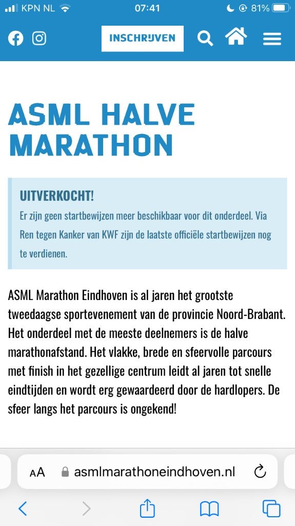 Te koop: 2 startbewijzen halve marathon Eindhoven, Ophalen of Verzenden, Nieuw, Overige typen, Overige merken