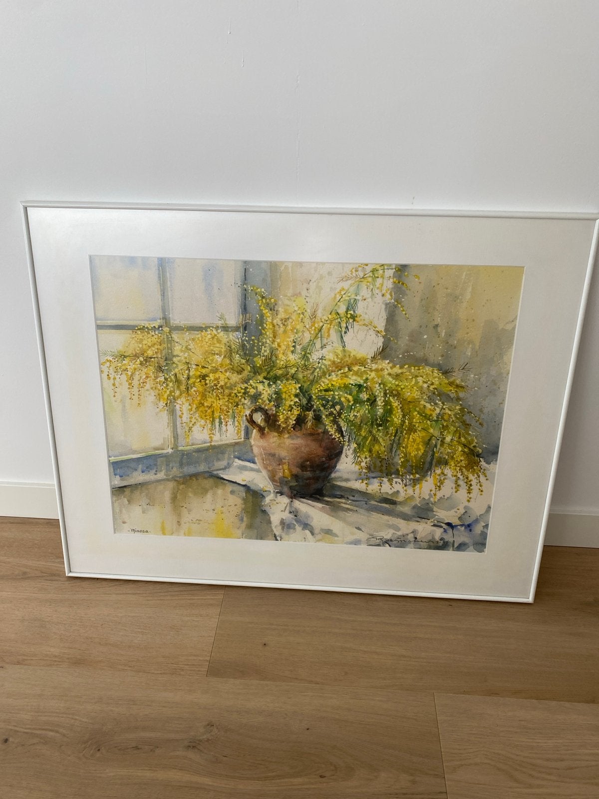 Aquarel met pot mimosa - 90x70 cm, Realistisch, Aquarel, Papier, Ingelijst