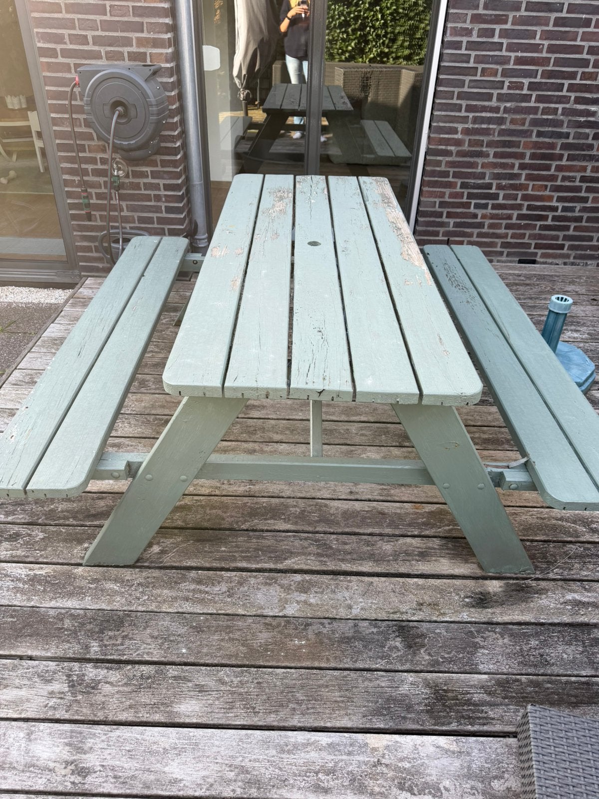 Houten picknicktafel met bankjes, Tuin en Terras, Ophalen, Gebruikt, Rechthoekig, Hout