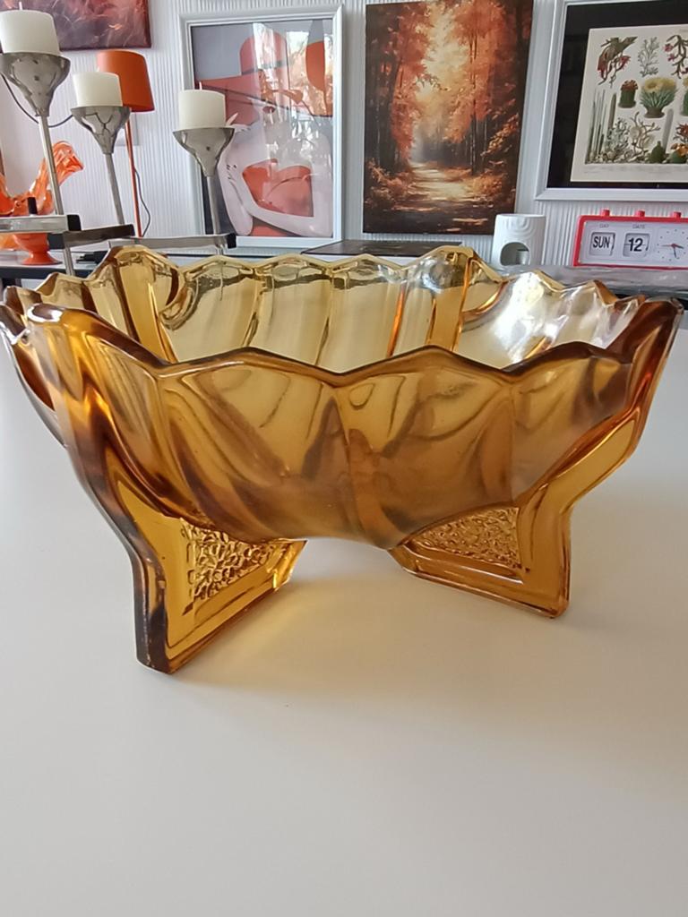 Val Saint Lambert Art Deco Persglas Amberkleurige Schaal, Antiek en Kunst, Antiek | Schalen, Ophalen of Verzenden