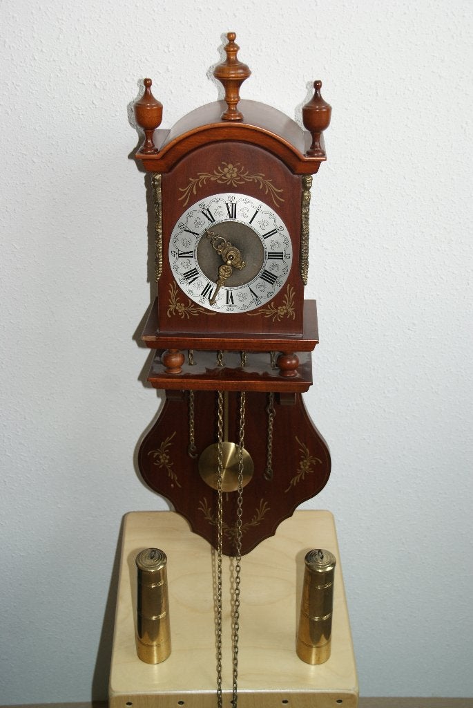 Te koop Wandklok jaren 70, Duits Hermle uurwerk, bruin, klok, Ophalen, Met gewichten, Bruin, Antiek