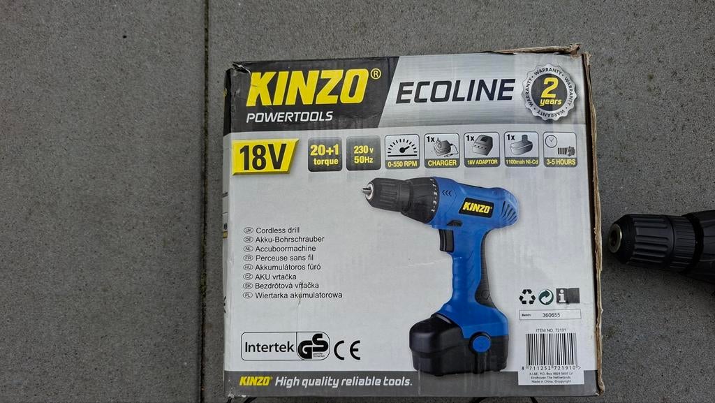 Kinzo Ecoline 18V Accuboormachine met lader, Ophalen of Verzenden, Gebruikt, Minder dan 400 watt, Boor- en Schroefmachine