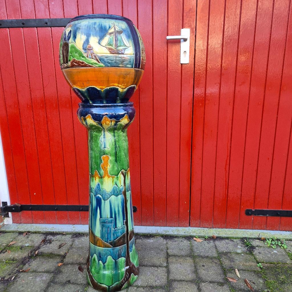 124cm hoog Antieke cachepot, pied de stal, bloempot op zuil, Tuin en Terras, Bloempotten, Rond, Binnen, Zo goed als nieuw, Aardewerk