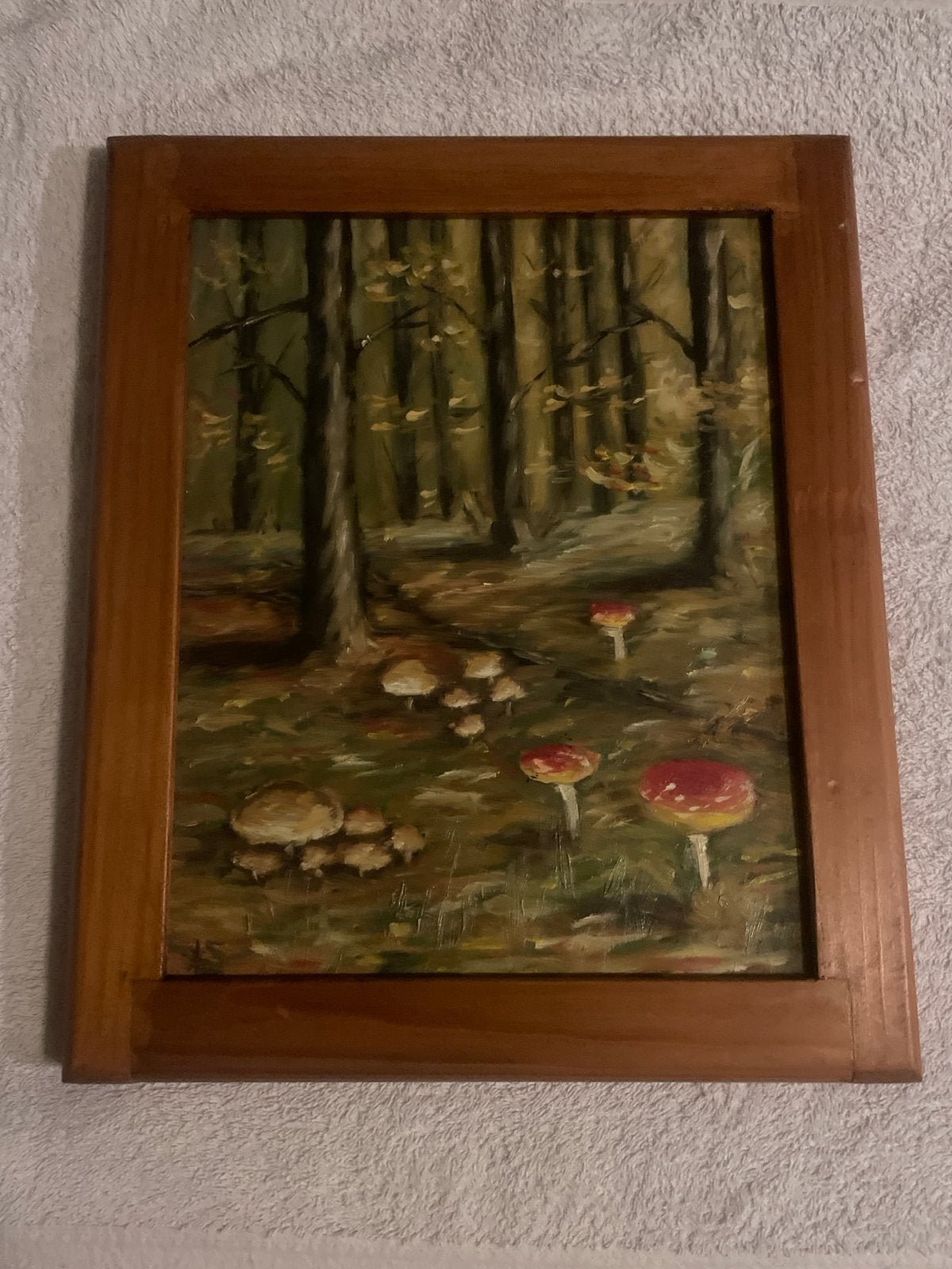 Schilderij: Bosgezicht met paddenstoelen, Doek, Realistisch, Ophalen of Verzenden, Handgeschilderd
