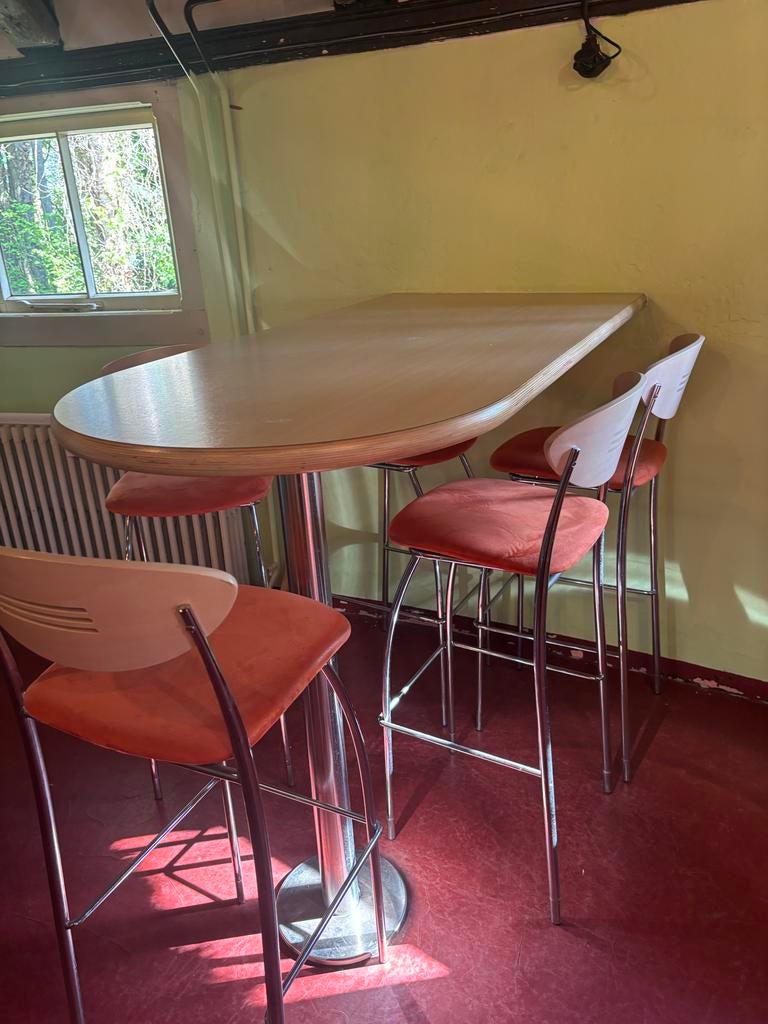 Bartafel met 5 Brunner barkrukken, Ophalen, Met voetsteun, 90 cm of meer, Metaal