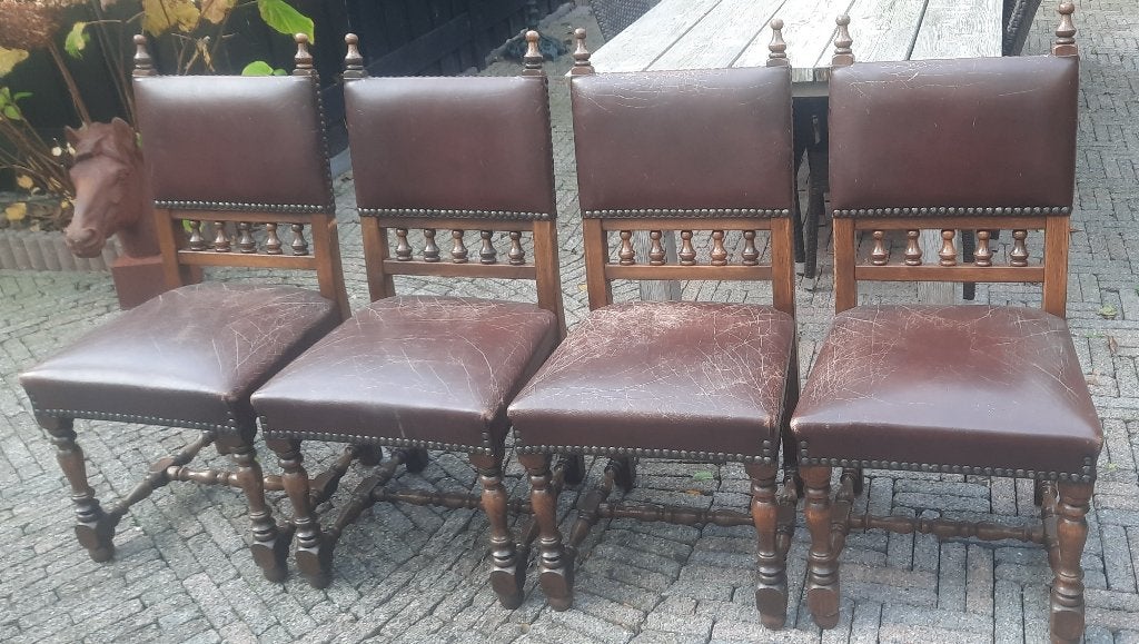 Set van 4 vintage stoelen met leren bekleding, Huis en Inrichting, Ophalen, Gebruikt, Bruin, Vintage, Klassiek