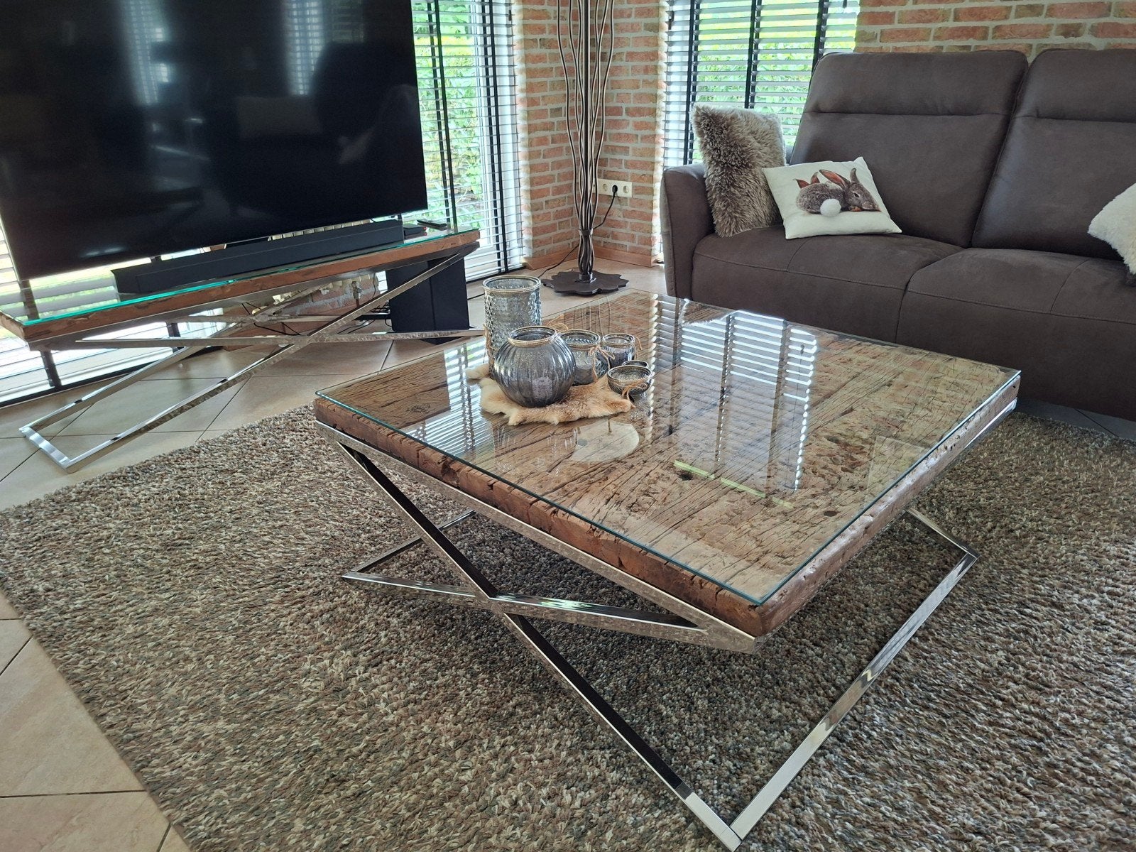 richmond sleeperwood stijl vierkante salontafel met  glazen, Ophalen, Glas, 50 tot 100 cm, Modern, Industrieel