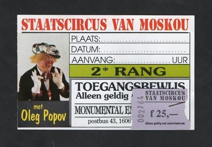 Entreebiljet Staatscircus van Moskou met Oleg Popov., Ophalen of Verzenden, Zo goed als nieuw