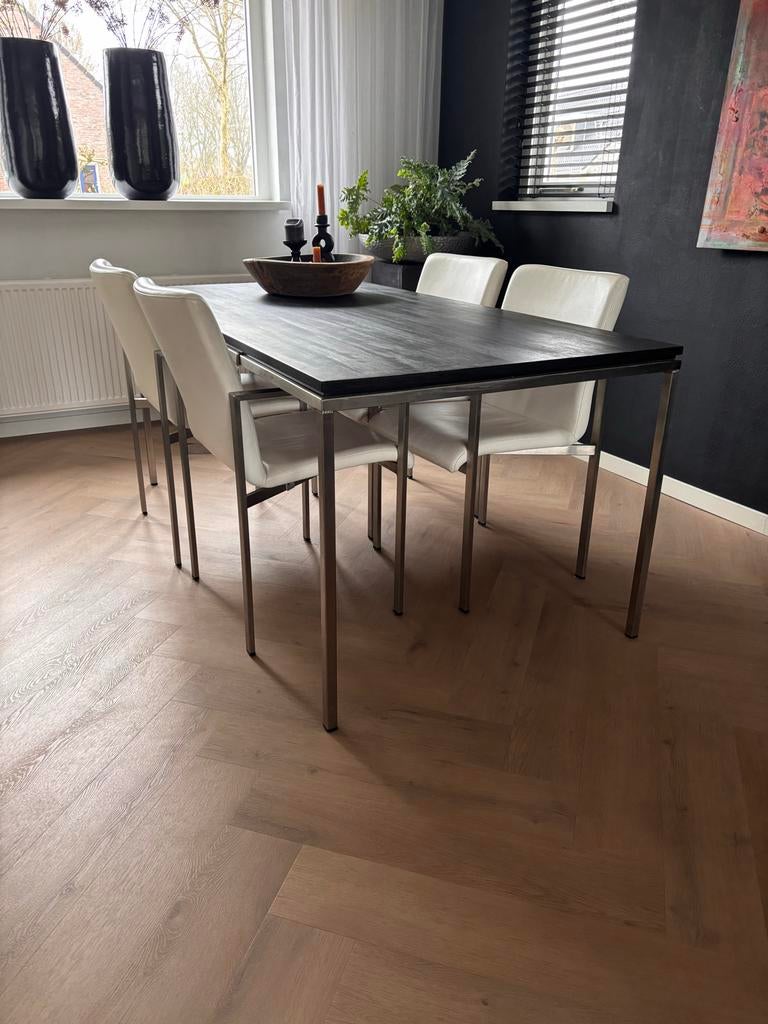 Happy Living eettafel met 4 leren stoelen, Gebruikt, 150 tot 200 cm, Vier personen, Rechthoekig
