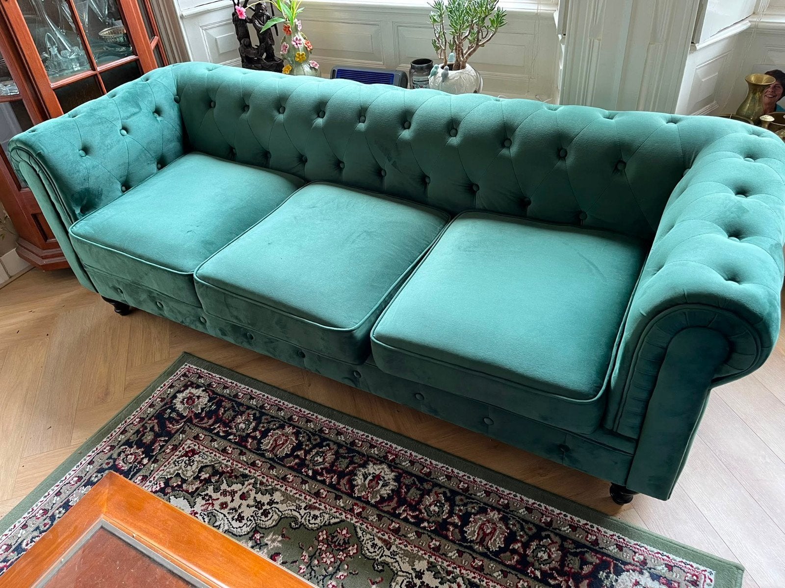 Prachtige Groene Chesterfield Bank - 3-zits, 75 tot 100 cm, Ophalen of Verzenden, Zo goed als nieuw, Rechte bank