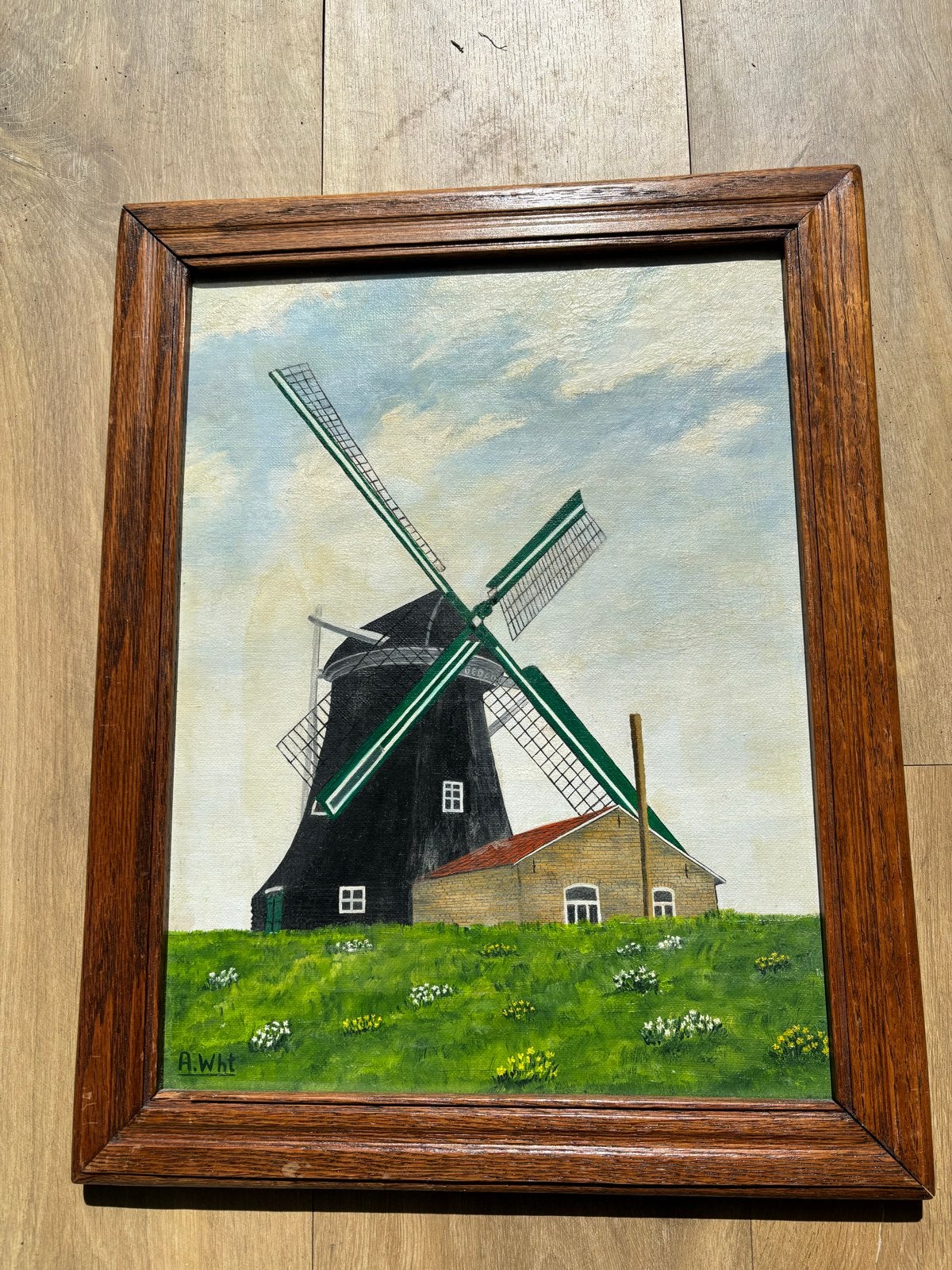 Schilderij Hollandse Molen - Gesigneerd A. Wht, Doek, Realistisch, Ophalen of Verzenden, Gesigneerd
