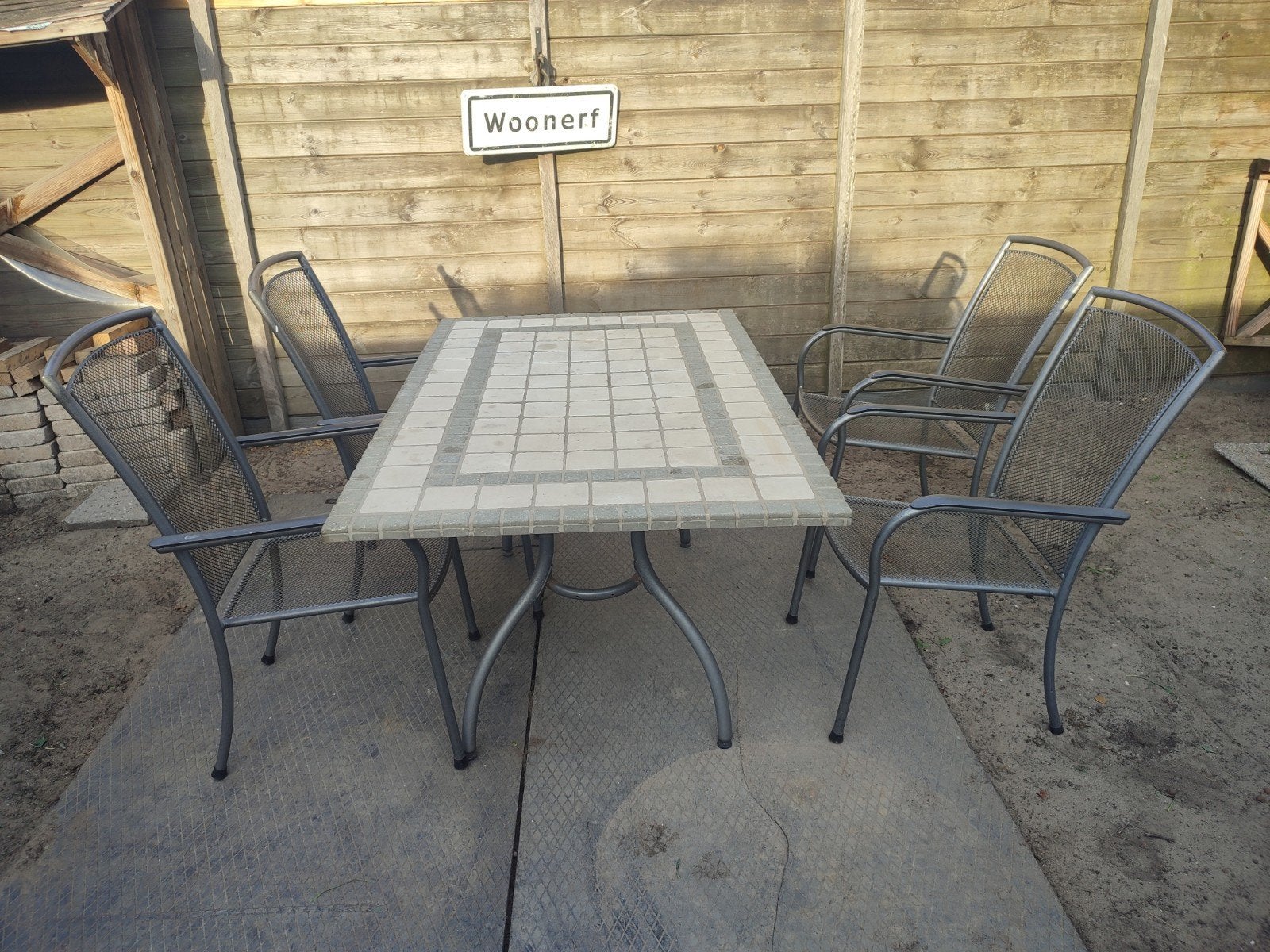 Stenen tuintafel (143x91) met 4 stoelen, Ophalen, Gebruikt, Tuinset, Eettafel