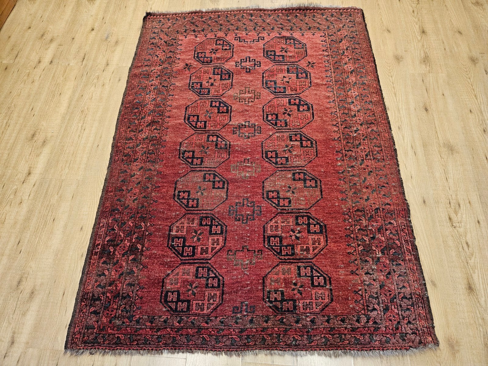Vintage handgeknoopt oosters tapijt ersari antiek 185x133, Info@SlatsAntiek.nl, Tweedehands, 100 tot 150 cm, Rood