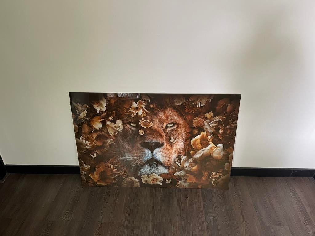 Prachtig Glas Leeuwen Schilderij met Bloemen - Wanddecoratie, Antiek en Kunst, Ophalen