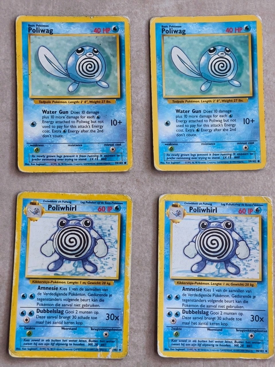 4x Poliwag & Poliwhirl Base Set 1999 Pokémon kaarten, Ophalen of Verzenden