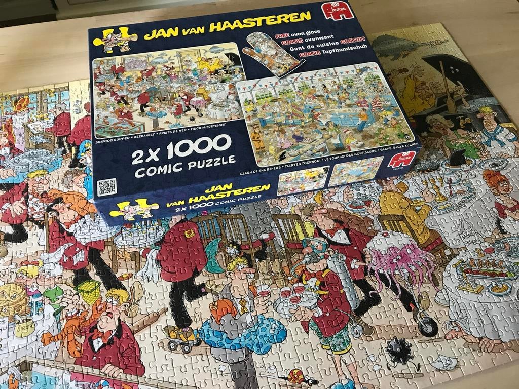 Jan van Haasteren 2x1000 st. -Zeebanket en Taarten toernooi, Hobby en Vrije tijd, Ophalen of Verzenden, 500 t/m 1500 stukjes, Zo goed als nieuw