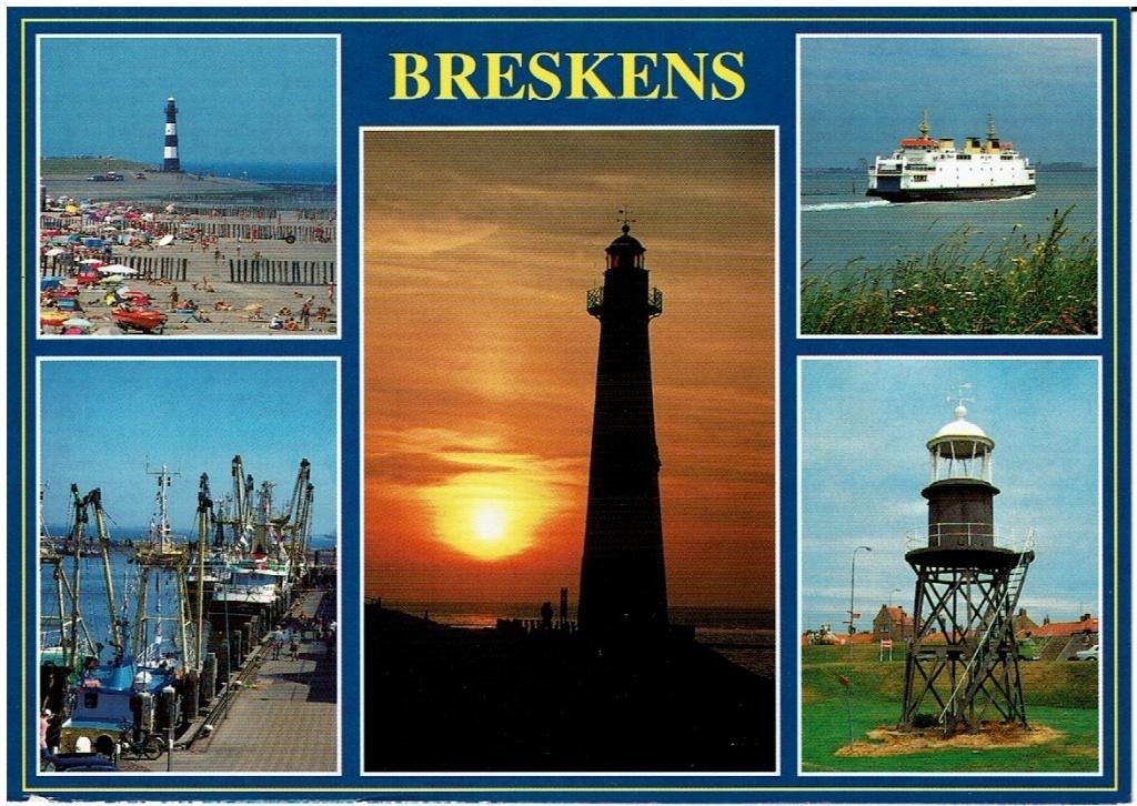 Ansichtkaart Breskens, 5-luik, kerk, vuurtoren, veerboot, Ophalen of Verzenden, 1980 tot heden, Gelopen, Zeeland