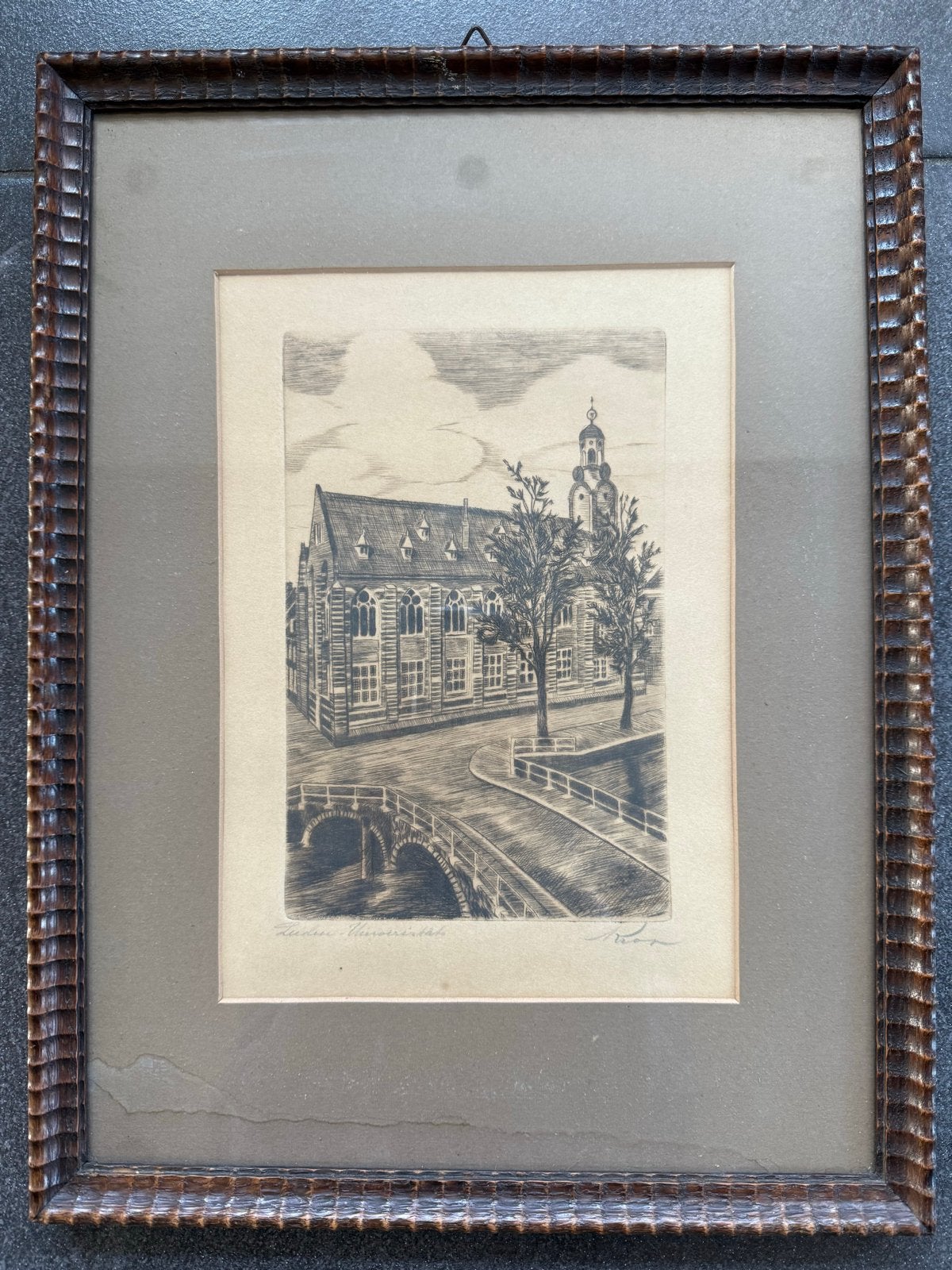 Ets Academiegebouw Universiteit Leiden - Marius Janssen, Ingelijst, Ets, Architectuur, Ophalen of Verzenden