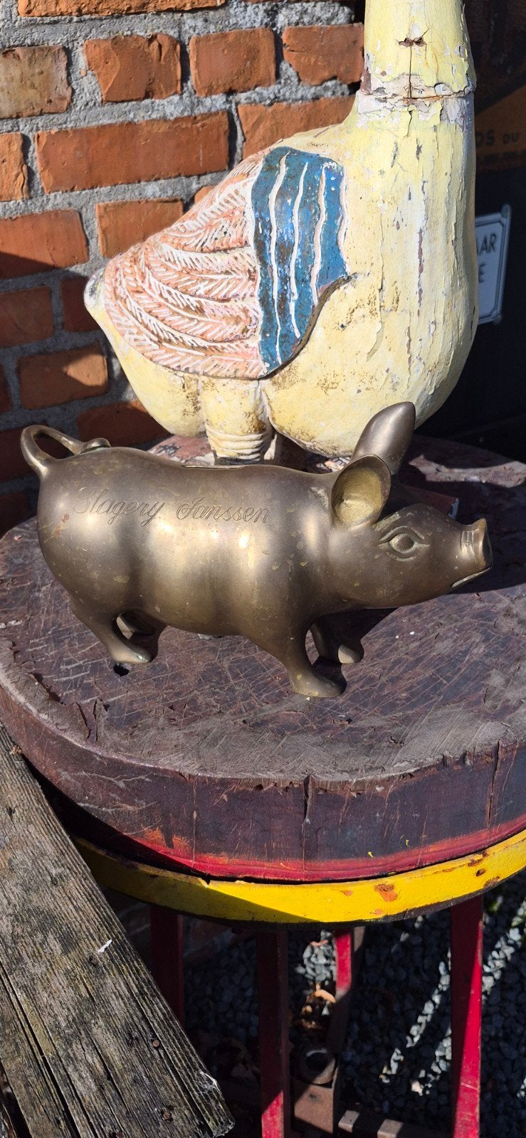 Antieke bronzen spaarpot varken 'Slagerij Janssen', Ophalen of Verzenden