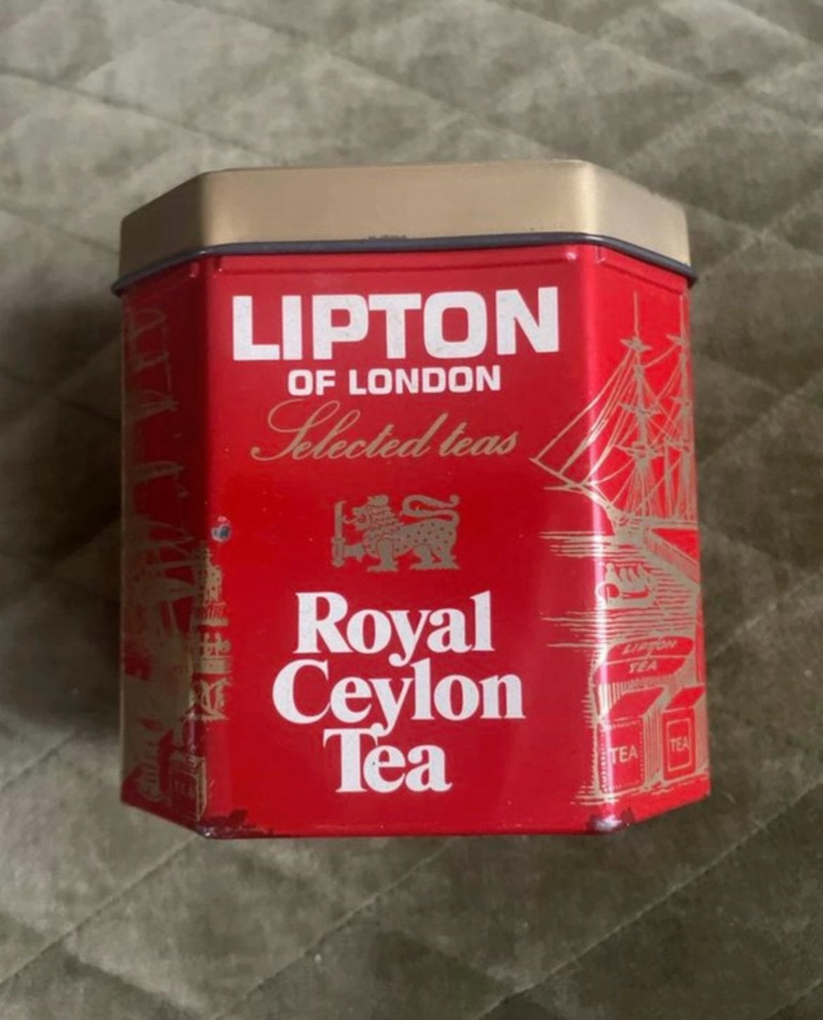 Vintage Lipton Royal Ceylon Tea blik - Rood/Goud, Ophalen of Verzenden, Gebruikt, Thee, Overige merken