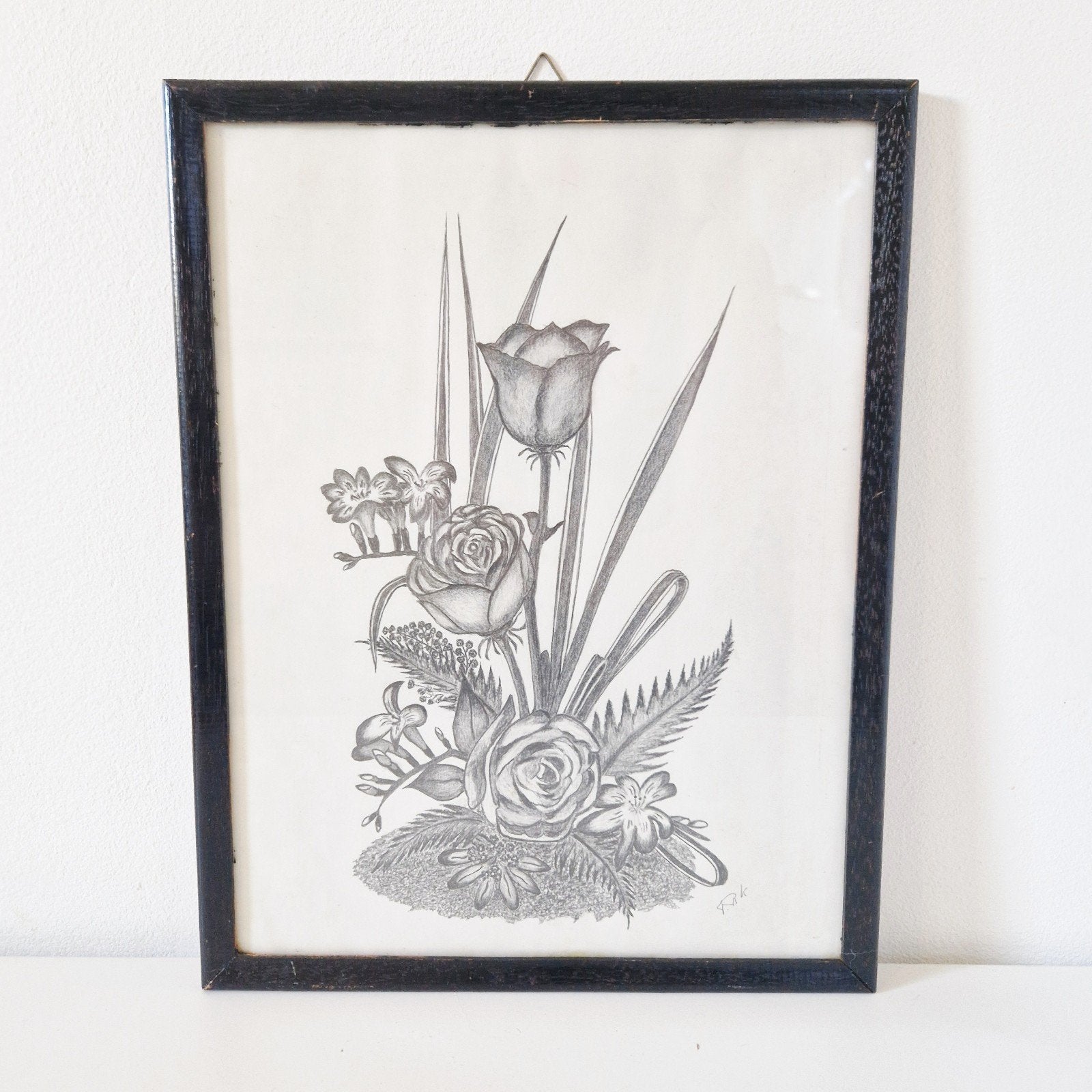 Vintage potloodtekening bloemen in houten lijst, Ophalen of Verzenden, Tekening, Potloodtekening, Ingelijst