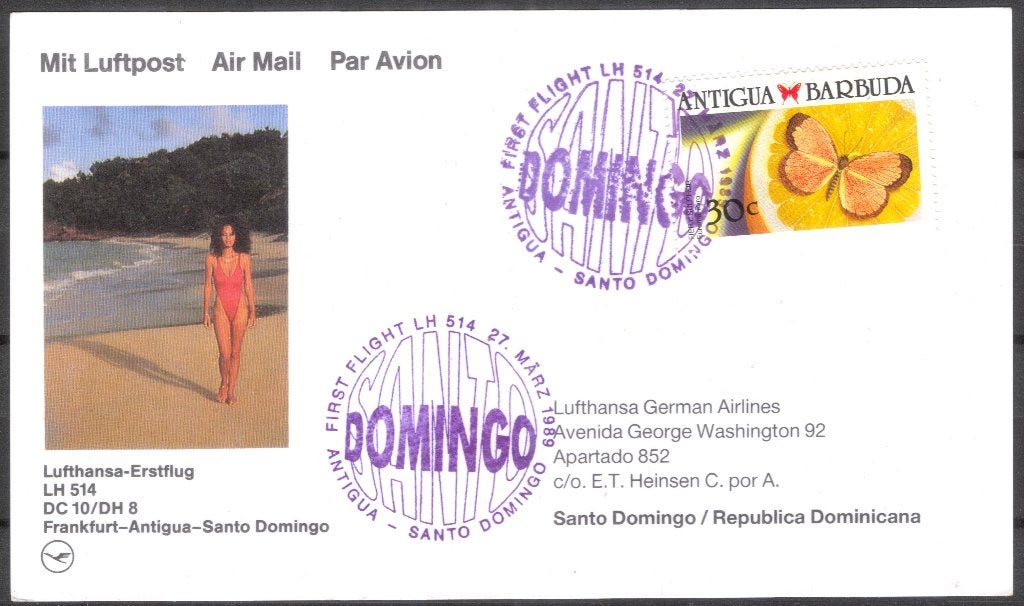 1e Lufthansa vlucht Frankfurt - Antigua - Santo Domingo 1989, Verzenden, Overige typen