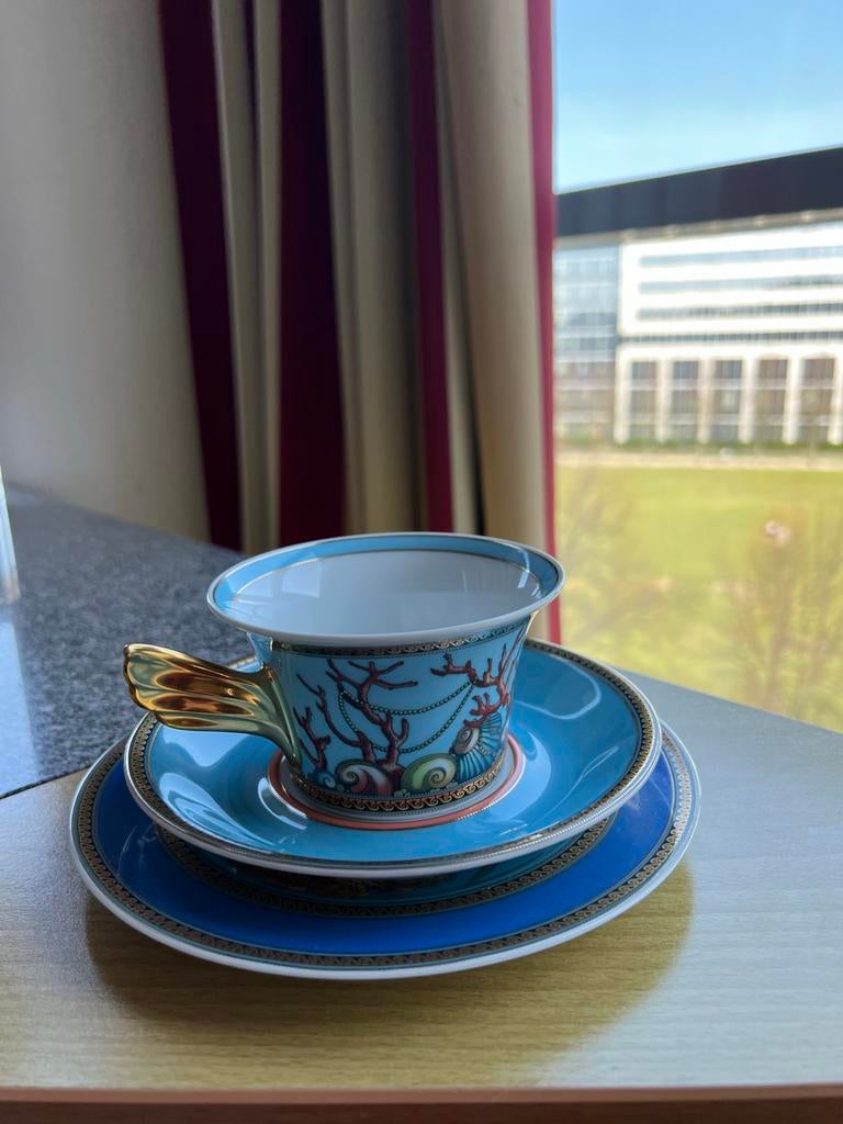 Versace Rosenthal Medusa Rood 3-delig Servies, Ophalen of Verzenden, Zo goed als nieuw, Overige stijlen, Kop(pen) en/of Schotel(s)