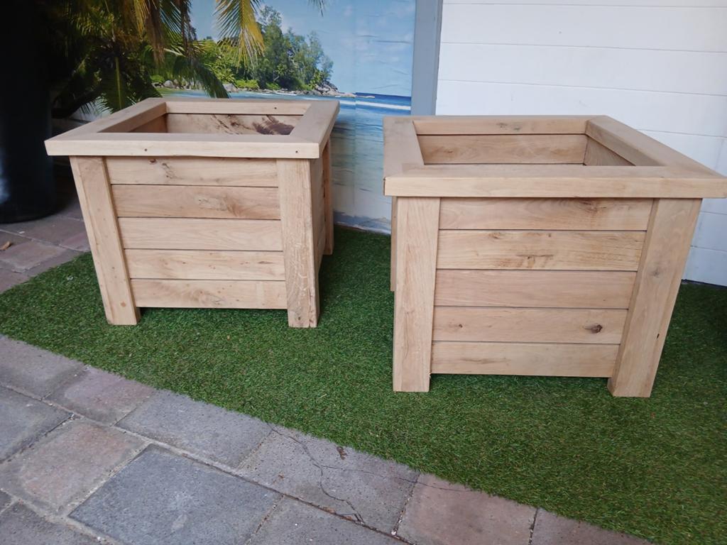 Bloem/plantenbakken set (eikenhout)., Tuin en Terras, Ophalen, Minder dan 60 cm, Vierkant, Nieuw