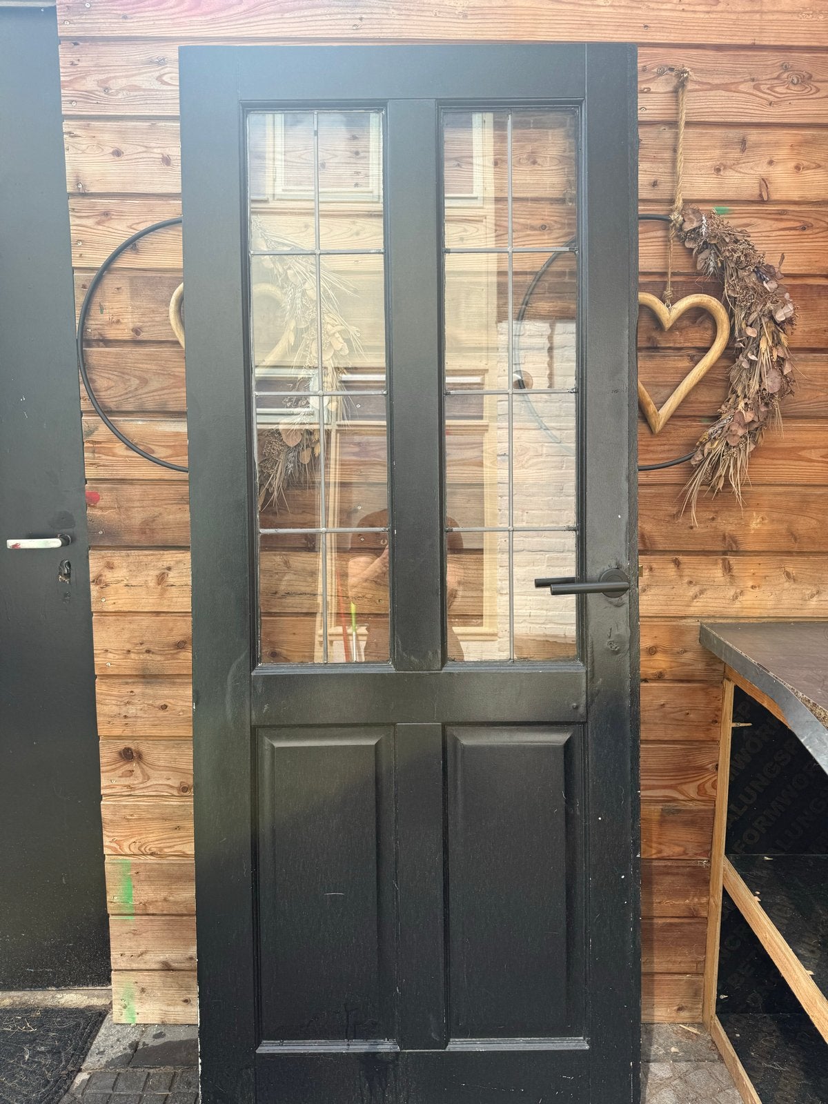 Zwarte houten deur met glas - rechtsdraaiend, Ophalen, Gebruikt, Binnendeur, 200 tot 215 cm