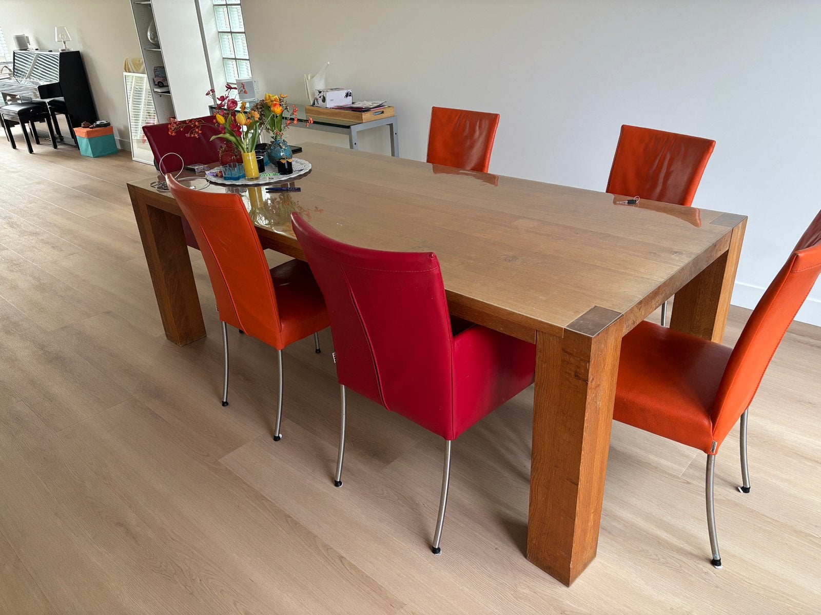 Massieve eikenhouten tafel met 6 stoelen Bert Plantagie, Ophalen, Gebruikt, 4 tot 6 stoelen