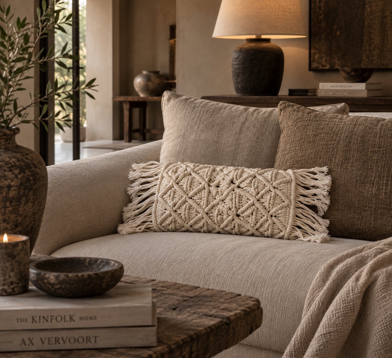 Macramé Sierkussen met Franjes - Crème Wit, Overige merken, Beige, Ophalen of Verzenden, Zo goed als nieuw
