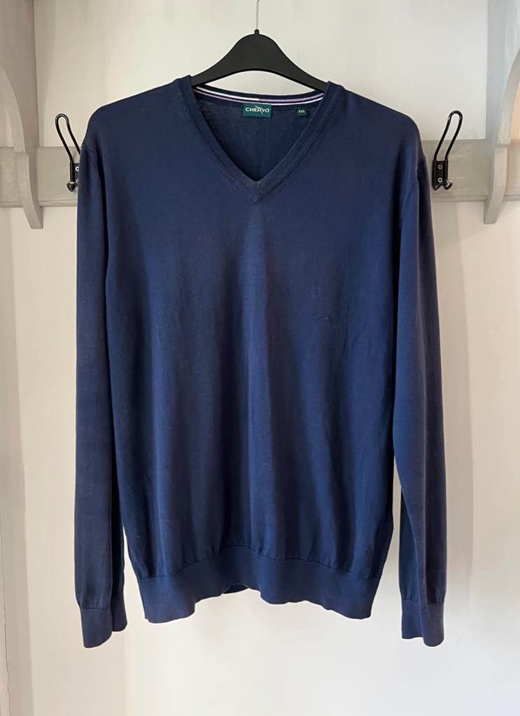 Trui maat XXL donkerblauw met v hals van het merk Chervo, Ophalen of Verzenden, Zo goed als nieuw, Maat 56/58 (XL), Blauw