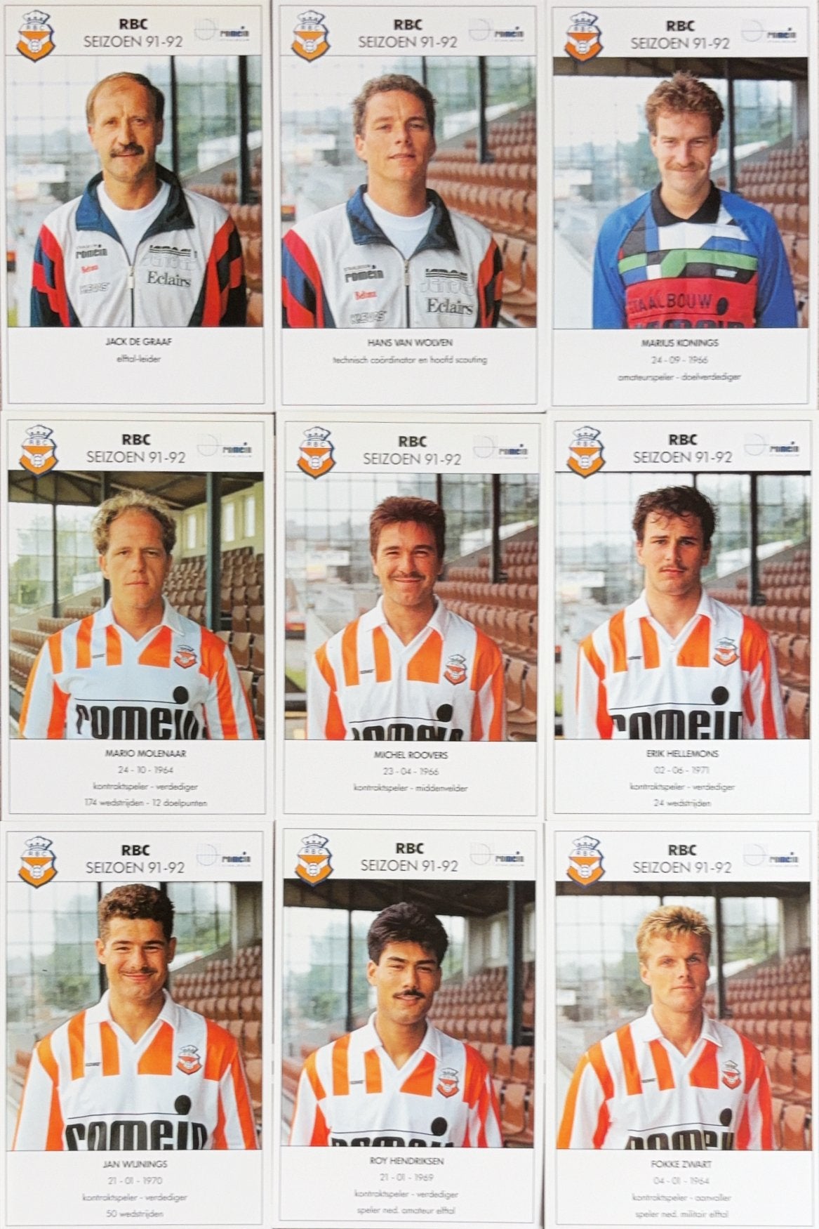 9 Spelerskaarten RBC Roosendaal - seizoen 1991/1992, Verzamelen, Ophalen of Verzenden, Zo goed als nieuw, Feyenoord, Spelerskaart