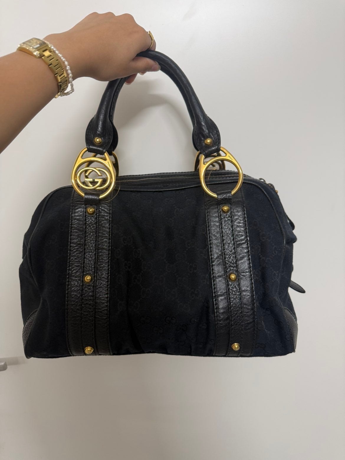 Gucci Black Monogram GG Interlock Boston Bag, Ophalen, Zo goed als nieuw, Zwart, Handtas